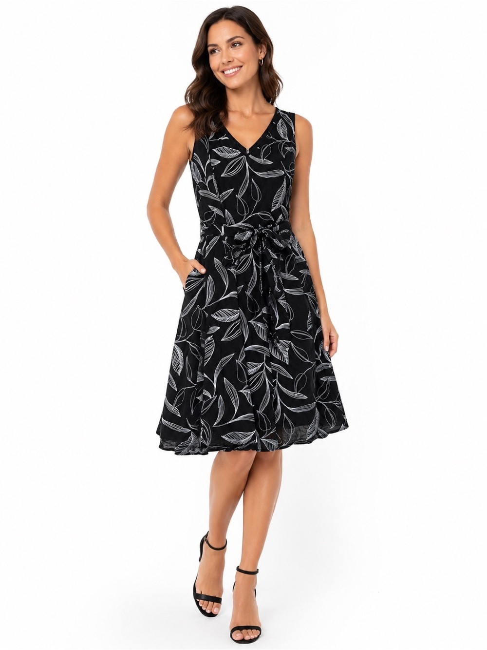 Liz Claiborne Career Linen Cotton Blend Leaf Print Tie Waist Dress Size 6